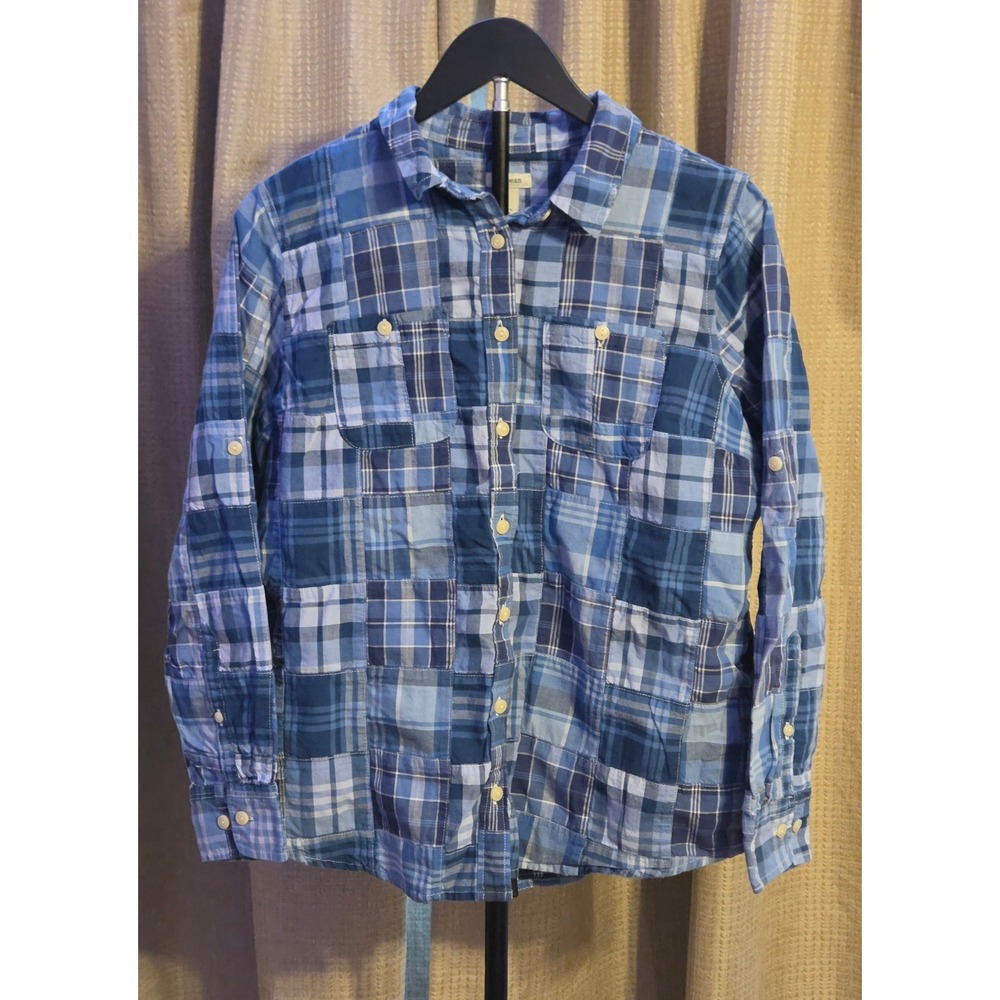 L.L.Bean Long Sleeve Patchwork Button Up Shirt Women's Size Medium Petite Blue